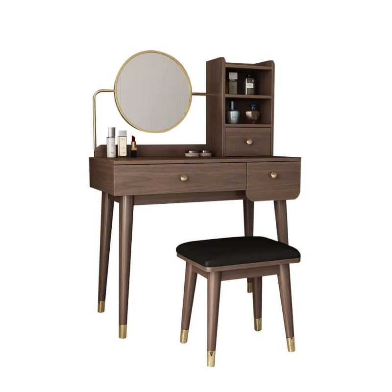 "Ultic 2 Pieces Minimalist Makeup Vanity Set in Walnut with Mirror & Stool"