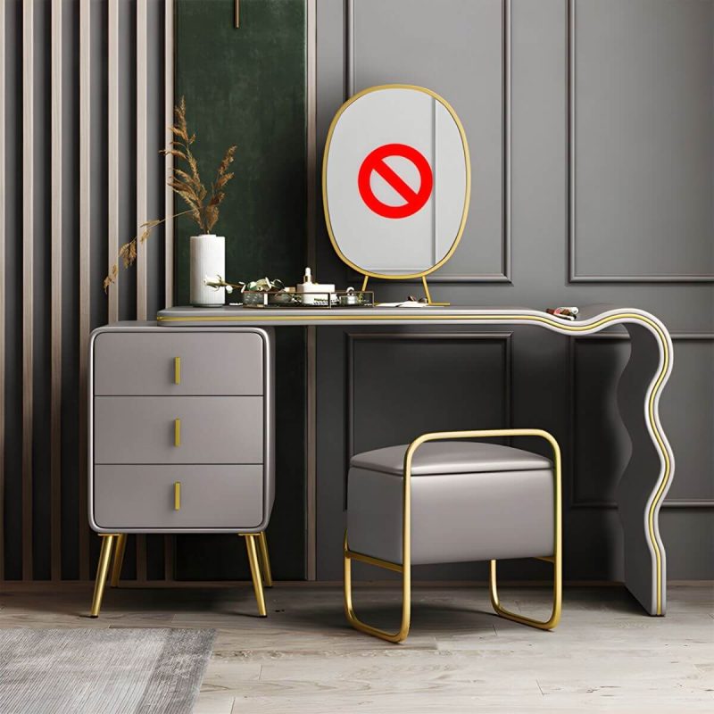 "3 Drawers Make-up Vanity Set, 28.74" H Leather Vanity with Stool & Mirror - Makeup Vanity & Stools Grey-Gold 80 x 48 x 73 cm"