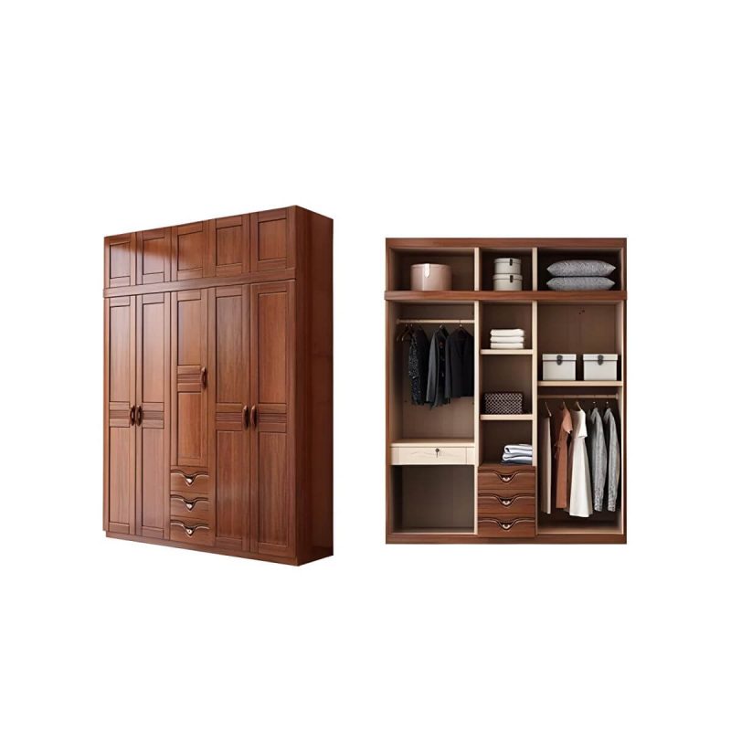 "Wood Brown Rustic Wardrobe Armoire with Drawers & Shelves, Walnut Finish - 67"L x 22"W x 100"H"