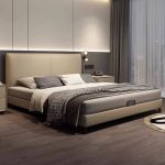 "Tan Art Deco Panel Bed, 71"W x 79"L, Beech"