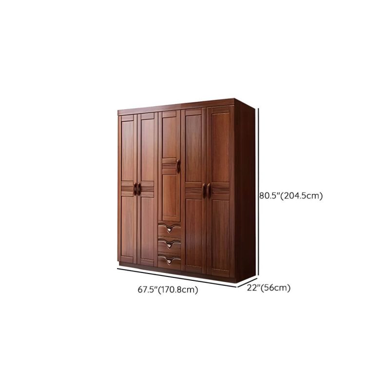 "Dimension of Wood Brown Rustic Wardrobe Armoire with Drawers & Shelves, Walnut Finish - 67"L x 22"W x 81"H"