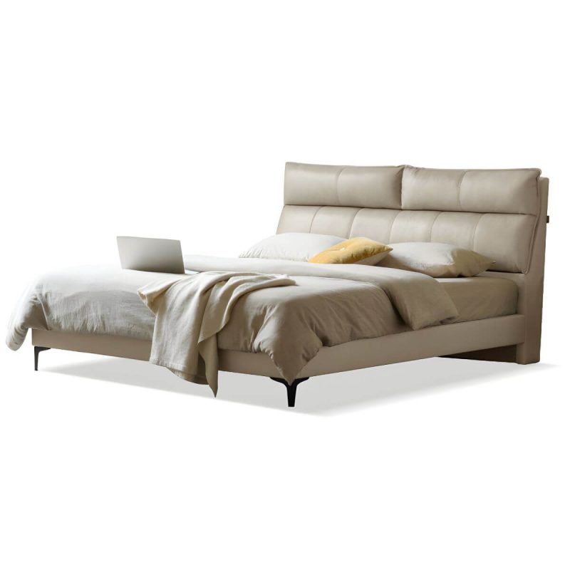 "Leather Standard Bed Contemporary Wood Frame Bed with Upholstered Headboard - 59"W x 79"L Single Bed Off-White"