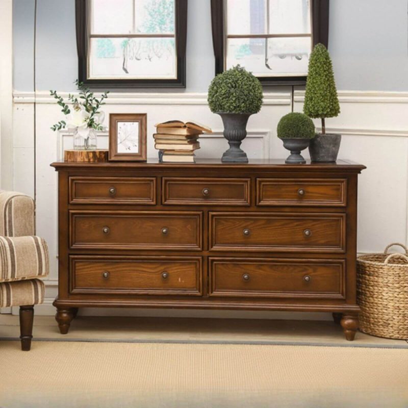 "Retro Horizontal Cocoa Double Dresser in Bleached Wood with 6 Drawers, 63"L x 18"W x 31"H"