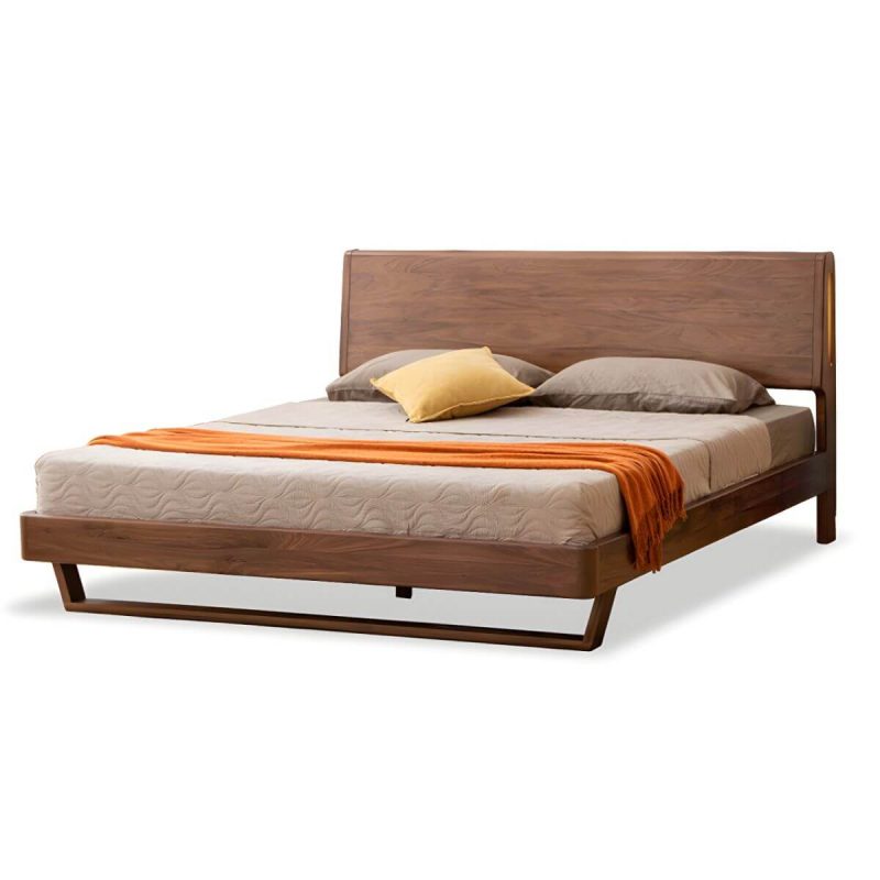 "Solid Wood Standard Bed Contemporary Brown Bed with Panel Headboard - Dark Walnut 71"W x 79"L Lights Included 14""