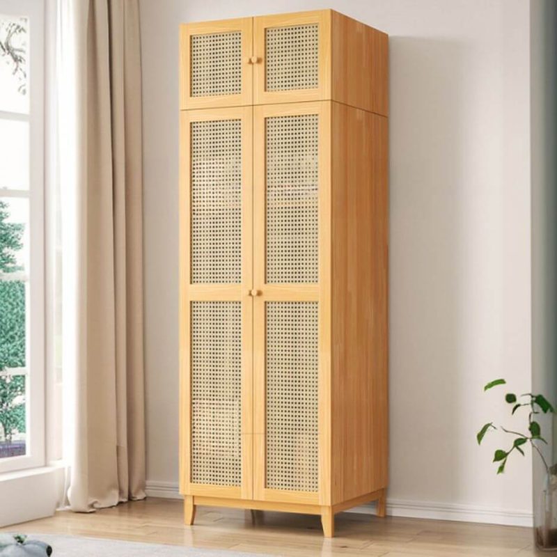 "Wood Color Modern Natural Wood Unattached Wardrobe with Interior Shelves and Clothing Rod - 47"L x 22"W x 79"H"