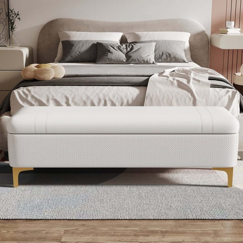 "Modern White PU Leather Bedroom Flip Top Storage Bench with Gold Stainless Steel Legs"