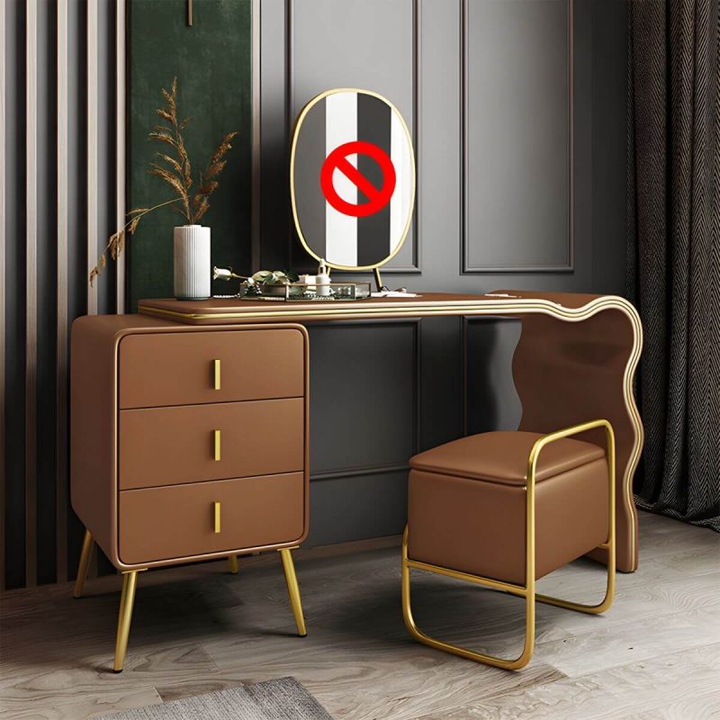 "3 Drawers Make-up Vanity Set, 28.74" H Leather Vanity with Stool & Mirror - Makeup Vanity & Stools Gold-Brown 120 x 48 x 73 cm"