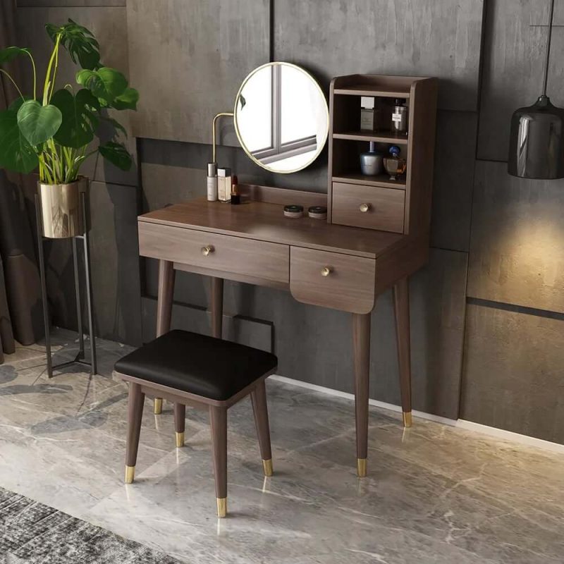 "Ultic 2 Pieces Minimalist Makeup Vanity Set in Walnut with Mirror & Stool"