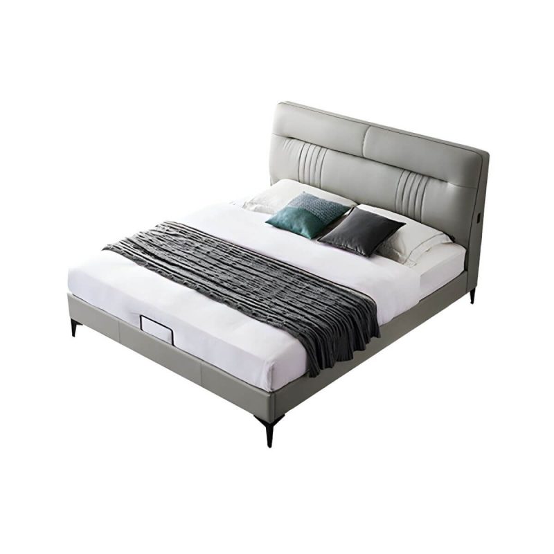 "Contemporary Standard Bed with Black Legs and Genuine Leather Panel Headboard - Grey Panel 59"W x 79"L Single Bed"