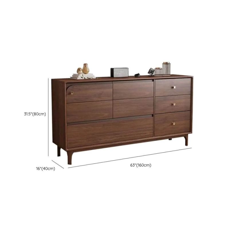 "Dimension of Rubberwood Modish Auburn Combo Dresser with 8 Horizontal Drawers, 63"L x 16"W x 31"H"