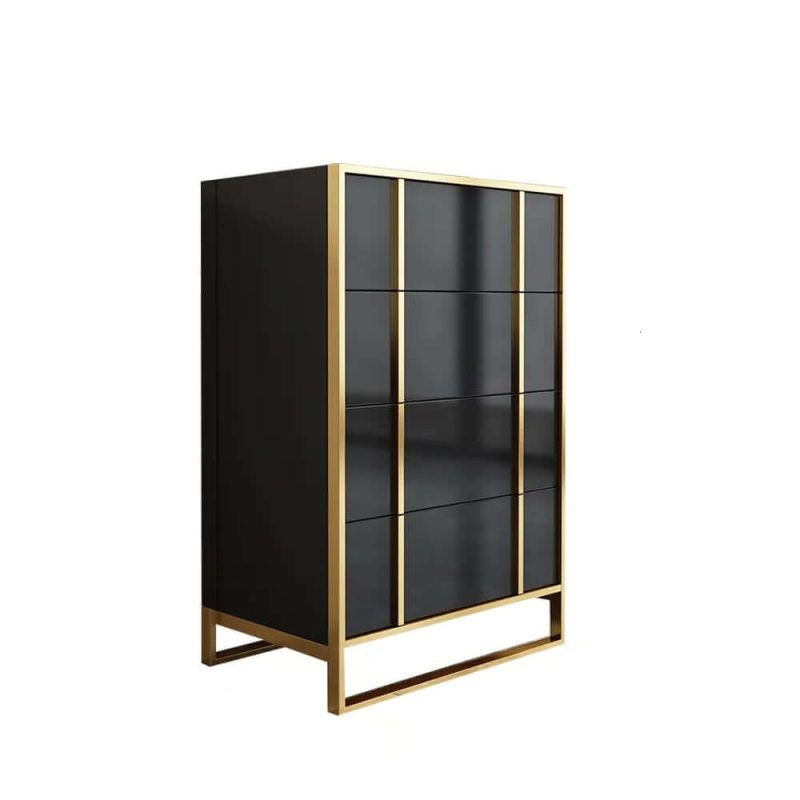 "Rimh Modern Black & Gold Wooden Chest of 4 Drawers with Stainless Steel Legs"