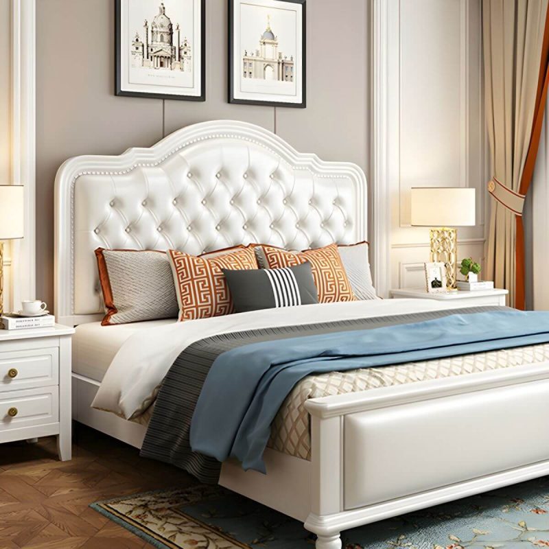 "Light Wood Oak Panel Headboard with Upholstered Leather and Nailhead Trim - Modern Style - 59" Beige/ Gray"