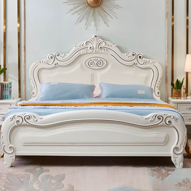"Victorian Arched Standard Bed White Solid Wood Bed Frame with Headboard - Queen Bed & Mattress Panel Cotton"