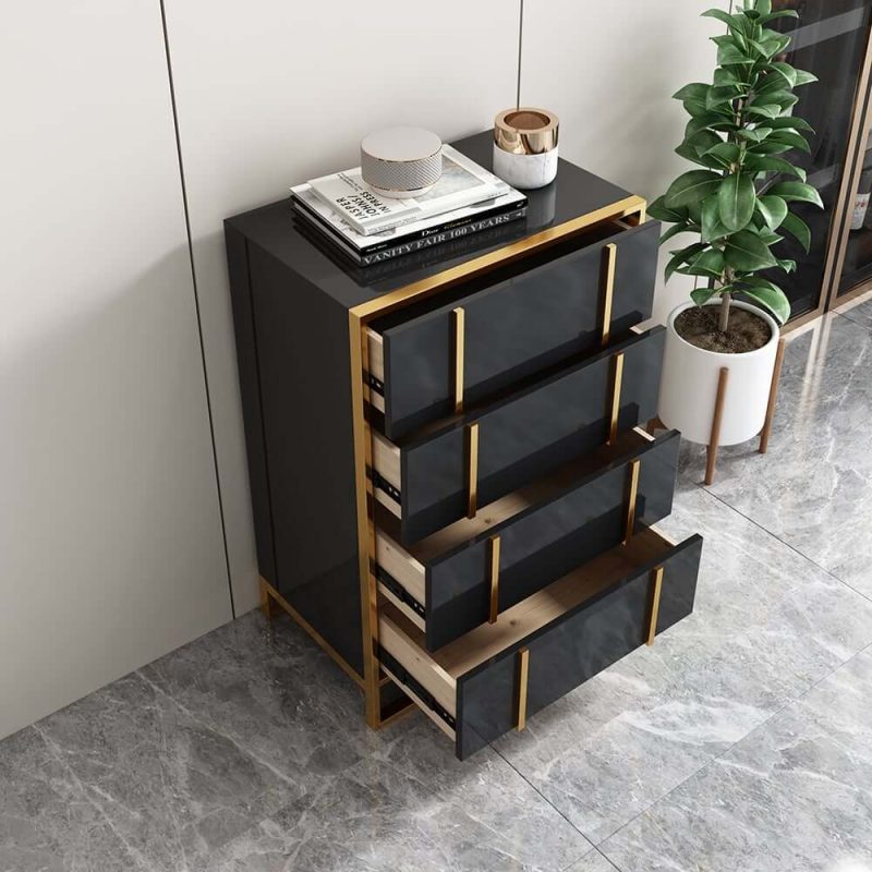 "Rimh Modern Black & Gold Wooden Chest of 4 Drawers with Stainless Steel Legs"