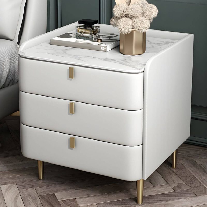 "Wooden Nightstand with 3 Drawers Contemporary 25" Tall Nightstand - Off-White Gold"