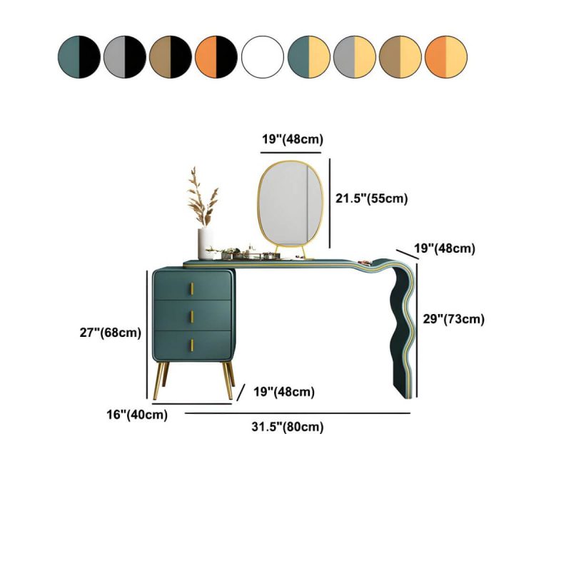 "Dimension of 3 Drawers Make-up Vanity Set, 28.74" H Leather Vanity with Stool & Mirror - Makeup Vanity & Mirror & Stools Off-White 80 x 48 x 73 cm"