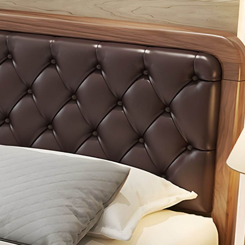 "Mid-Century Modern Upholstered Panel Bed in Genuine Leather with Tufted Headboard - Brown 59"W x 79"L"
