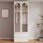"Modish White Lumber Armoire Cabinet with Articulated Soft Close Door, Soft Close Drawer and Interior Shelves, Glass Door Included, 31.5"L x 23.5"W x 94.5"H"