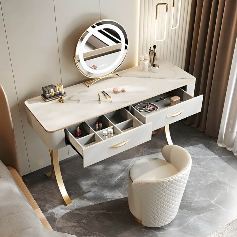 "White Slate Tabletop Rectangular Dressing Table with Golden Metal Legs - Makeup Vanity & Stools 150 x 45 x 75 cm"