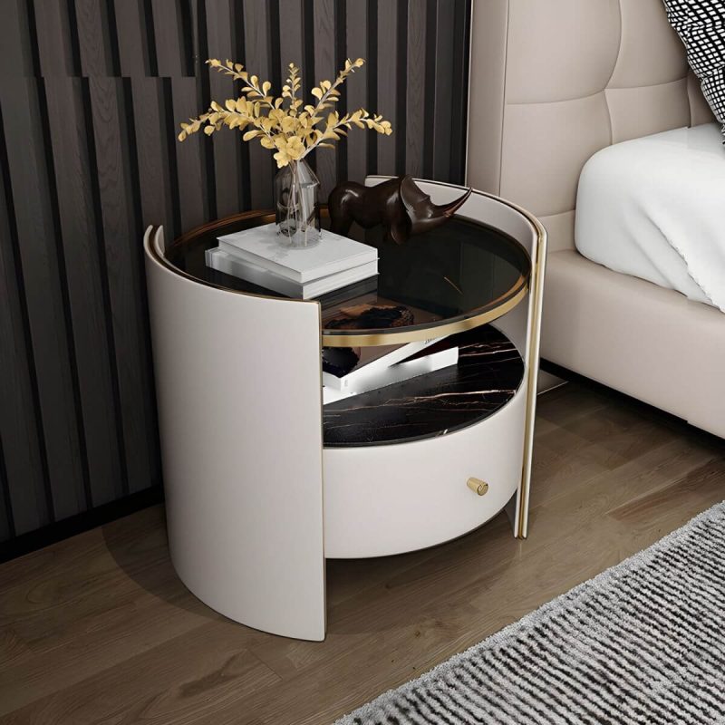 "1-Drawer Glass Top Nightstand, 19.69" Tall 1-Shelf Leather Night Stand - Black Off-White"