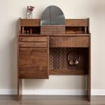 "Art Deco Cocoa Timber Standard Makeup Vanity with Standing Mirror, Black Walnut"