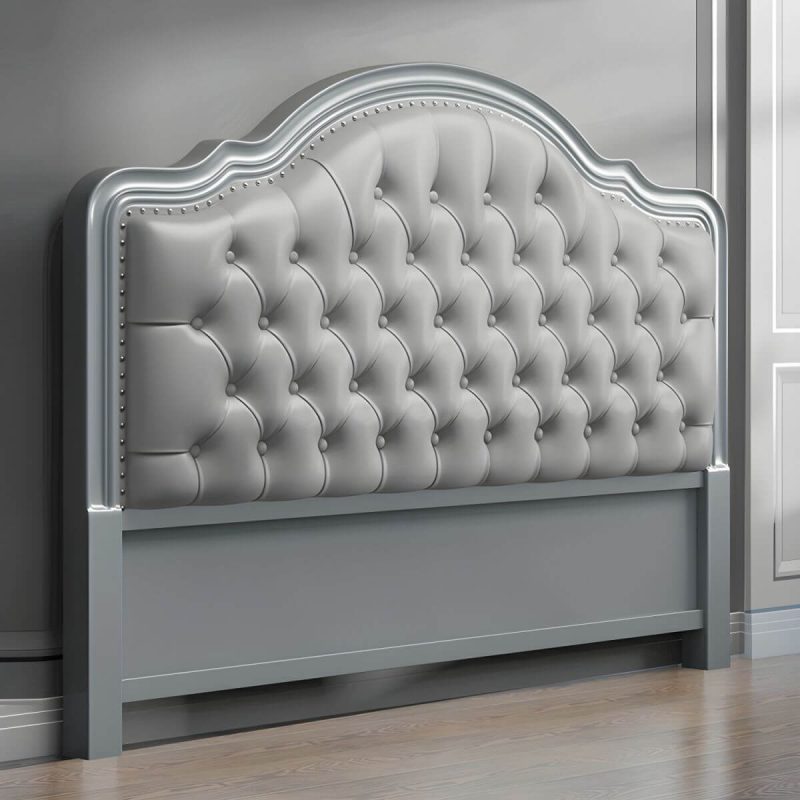 "Light Wood Oak Panel Headboard with Upholstered Leather and Nailhead Trim - Modern Style - 59" Grey"