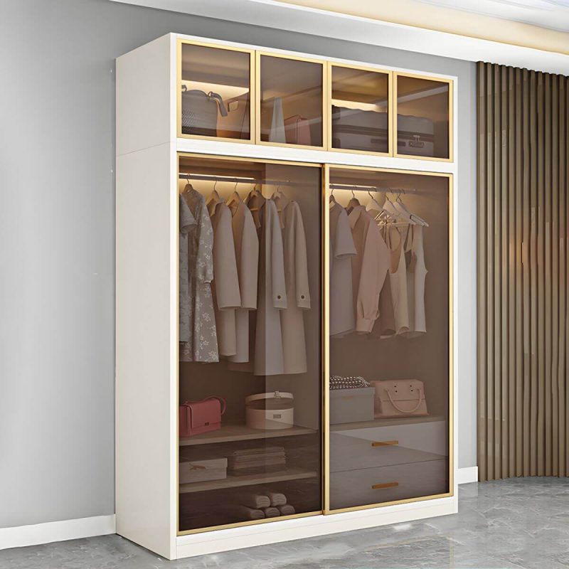 "Modern White Wood Frame Wardrobe Freestanding Wardrobe with Sliding Glass Doors - Armoire with Top Cabinet 71"L x 22"W x 79"H"