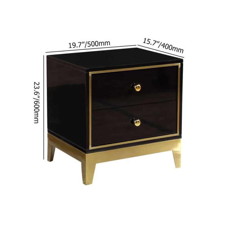 "Dimension of Modern Black MDF Nightstand with 2 Drawers and Stainless Steel Leg"