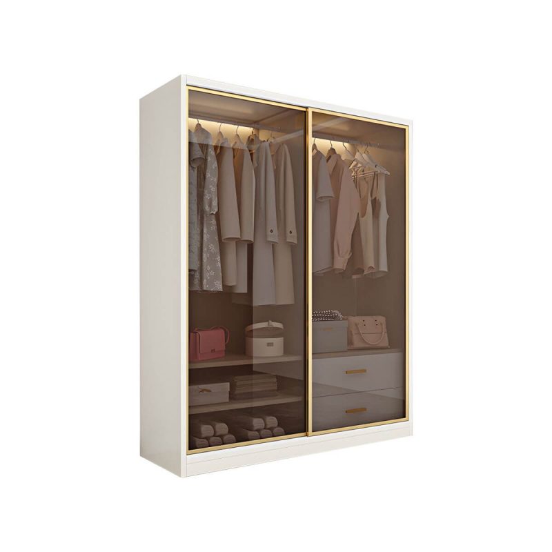 "Modern White Wood Frame Wardrobe Freestanding Wardrobe with Sliding Glass Doors - Armoire with Top Cabinet 79"L x 22"W x 79"H"