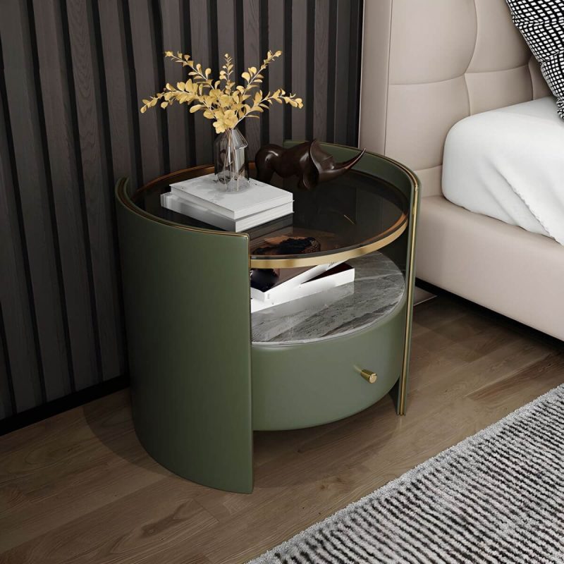 "1-Drawer Glass Top Nightstand, 19.69" Tall 1-Shelf Leather Night Stand - Gray Army Green"