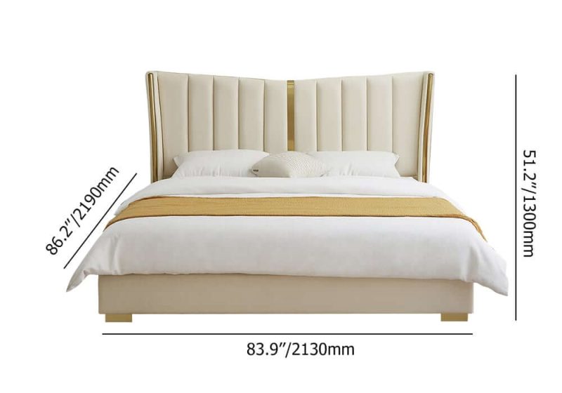 "Dimension of Modern Beige King Size Bed Wingback Headboard Leather Upholstery & Gold Stainless Steel"