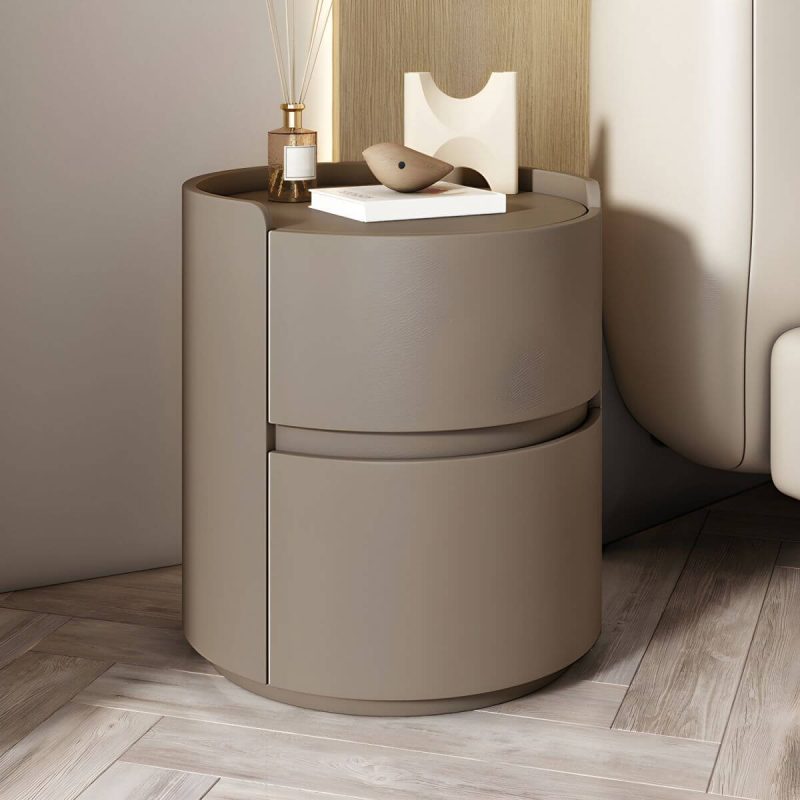 "Modern Faux Leather Round Nightstand with 2 Drawers, Light Wood Tone - Light Coffee 1 Piece 16"L x 16"W x 20"H"