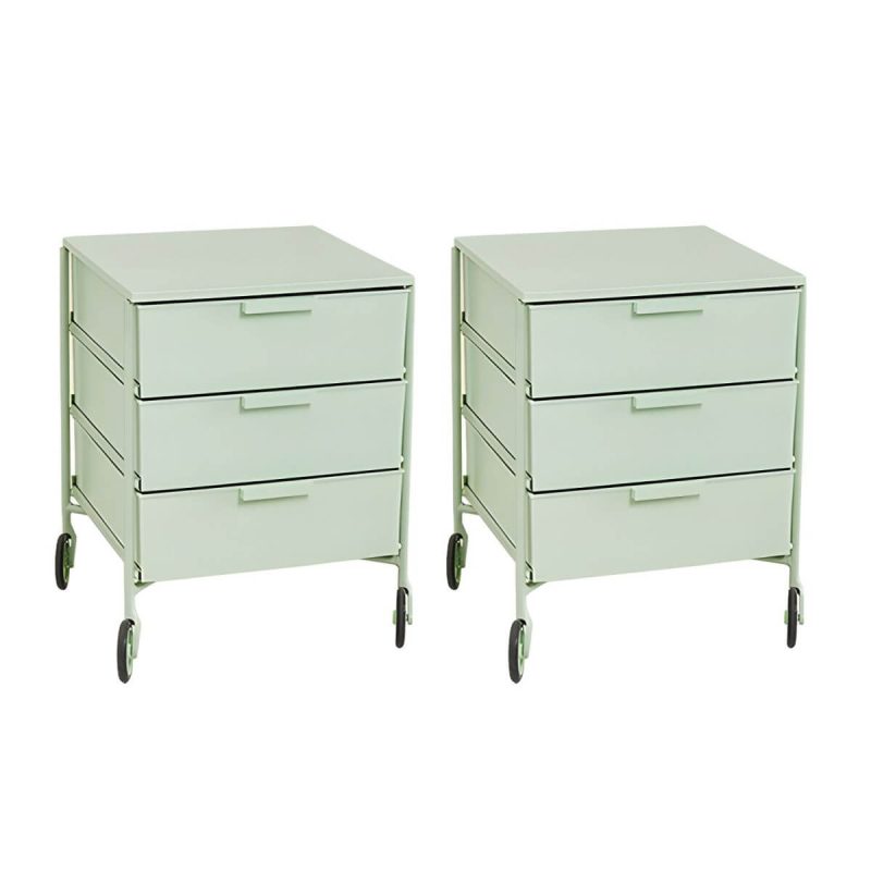 "Scandinavian Plastic Nightstand with 3 Drawers, Slim Design and Plastic Top - Green 2 Piece Set"