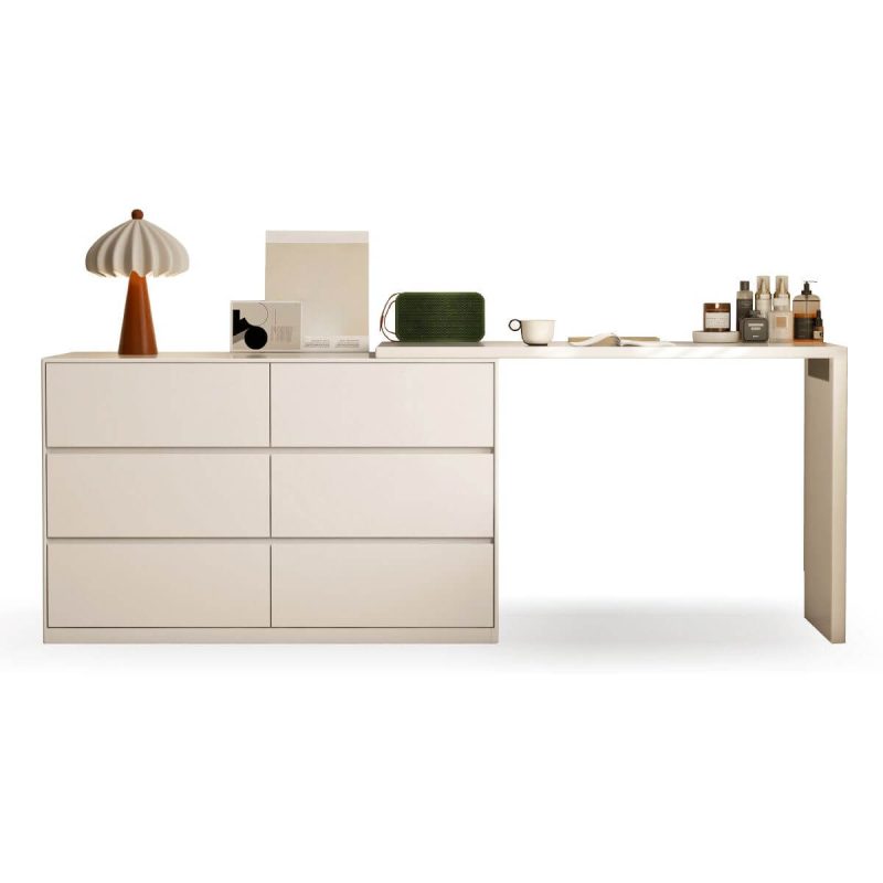 "Modish Large Makeup Vanity with Lumber Frame, 6 Drawers, Chalk Seating, Right, Makeup Vanity (47") & Dresser (47")"