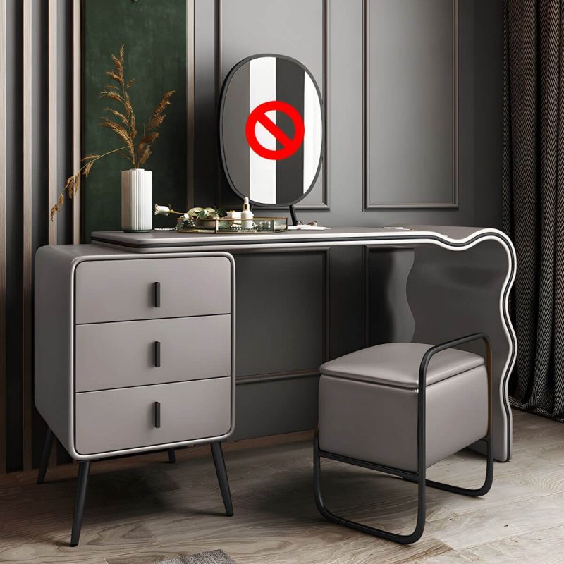 "3 Drawers Make-up Vanity Set, 28.74" H Leather Vanity with Stool & Mirror - Makeup Vanity & Stools Gray/ Black 120 x 48 x 73 cm"