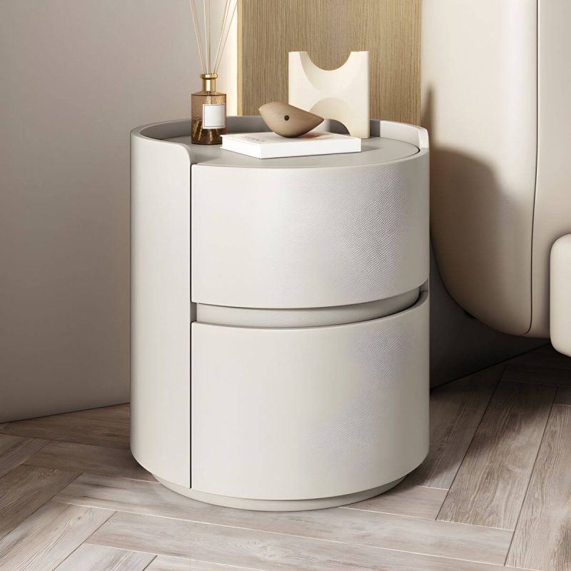 "Modern Faux Leather Round Nightstand with 2 Drawers, Light Wood Tone - Off-White 1 Piece 16"L x 16"W x 20"H"