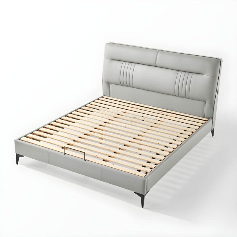 "Contemporary Standard Bed with Black Legs and Genuine Leather Panel Headboard - Blue Panel 59"W x 79"L Bed & Mattress"
