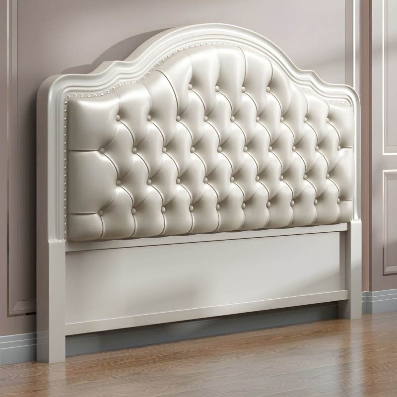 "Light Wood Oak Panel Headboard with Upholstered Leather and Nailhead Trim - Modern Style - 53" Beige"