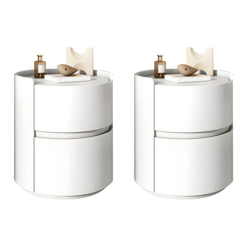 "Modern Faux Leather Round Nightstand with 2 Drawers, Light Wood Tone - White 2 Piece Set 18"L x 18"W x 20"H"