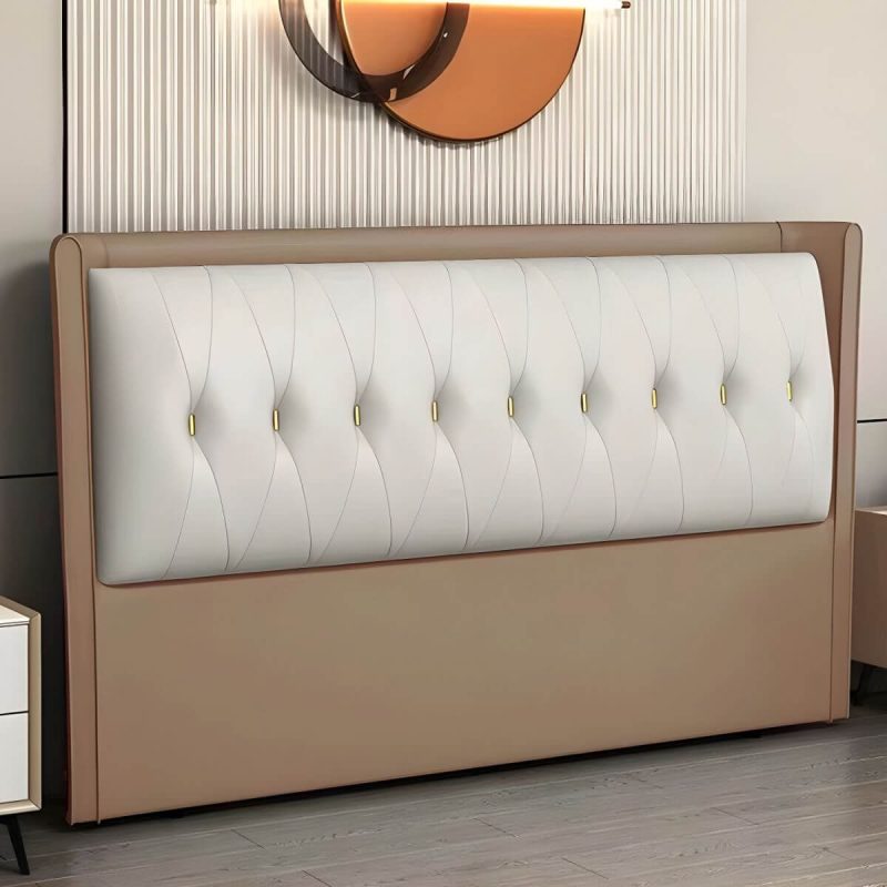 "Contemporary Headboard Bed with Tufted Leather Upholstery in Rectangular - Light Brown/ White 79""