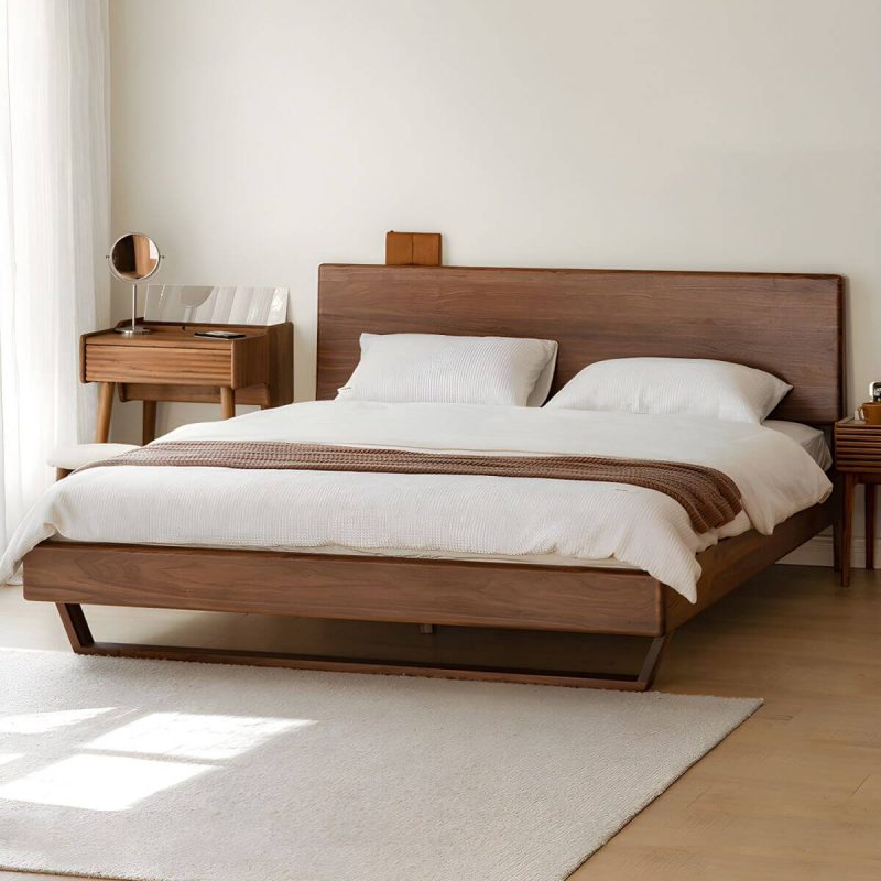 "Solid Wood Standard Bed Contemporary Brown Bed with Panel Headboard - Dark Walnut 71"W x 79"L Lights Included 16""