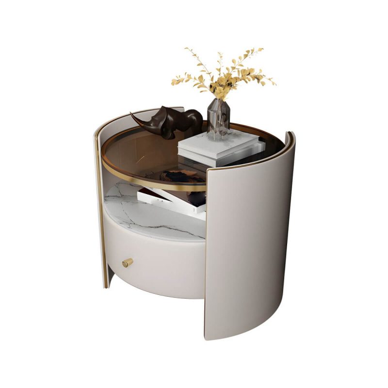 "1-Drawer Glass Top Nightstand, 19.69" Tall 1-Shelf Leather Night Stand - White Off-White"