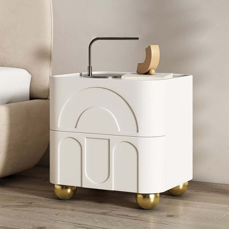 "Modern White Smart Nightstand with Wireless Charger & Sintered Stone Top Bedside Table"
