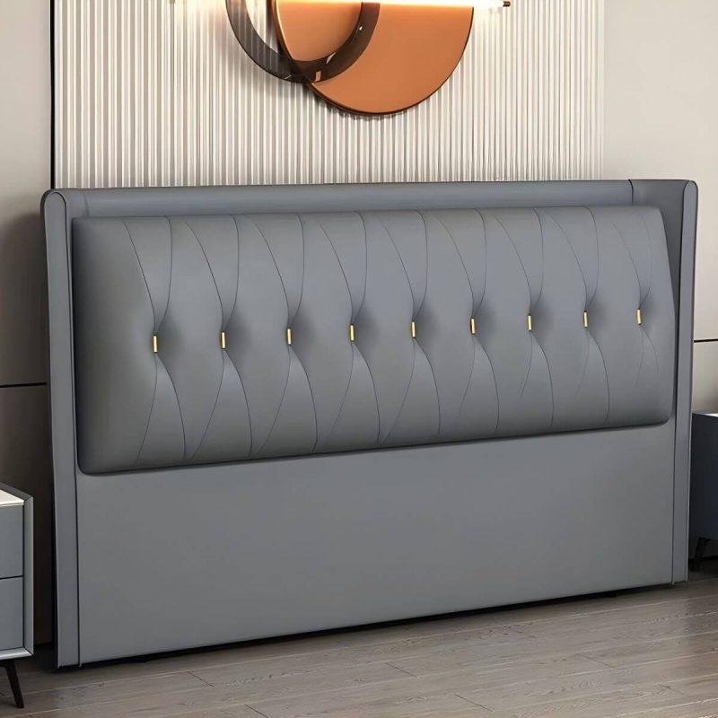 "Contemporary Headboard Bed with Tufted Leather Upholstery in Rectangular - Grey 47""