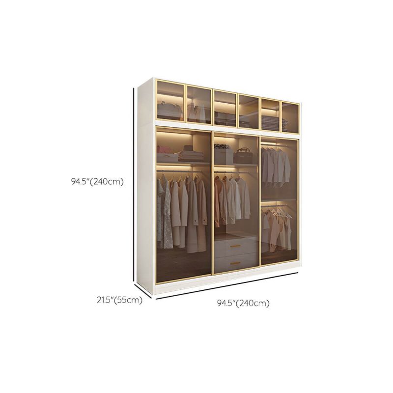 "Dimension of Modern White Wood Frame Wardrobe Freestanding Wardrobe with Sliding Glass Doors - Armoire with Top Cabinet 94"L x 22"W x 79"H"