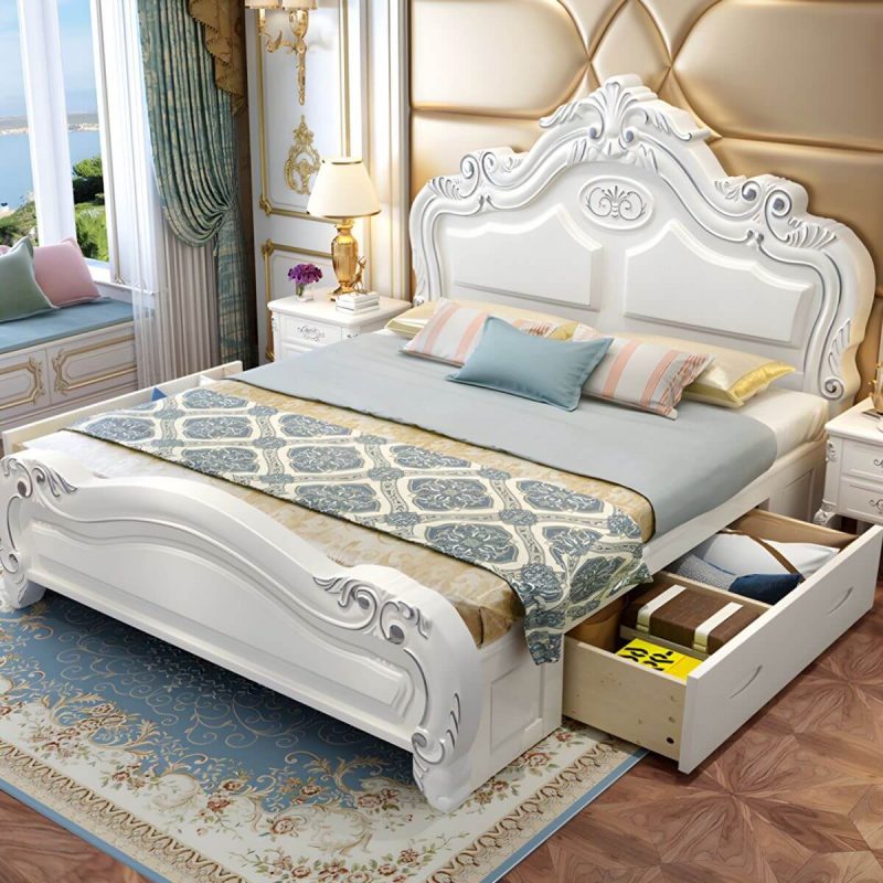 "Victorian Arched Standard Bed White Solid Wood Bed Frame with Headboard - King Bed & Mattress Pull-Out Storage Cotton"