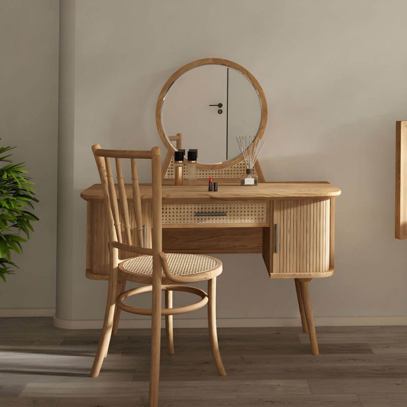 "Ash Wood Rectangle Dressing Table with Rattan Chairs and Drawers - Natural Finish"