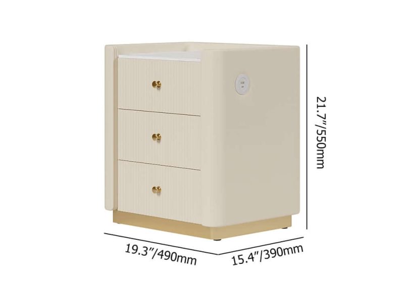 "Dimension of Modern 3-Drawer Nightstand with Sintered Stone Top & USB Port"