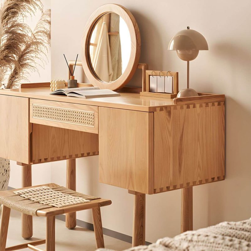 "Ash Wood Rectangle Dressing Table with Storage Cabinets and 4 Legs - Makeup Vanity"
