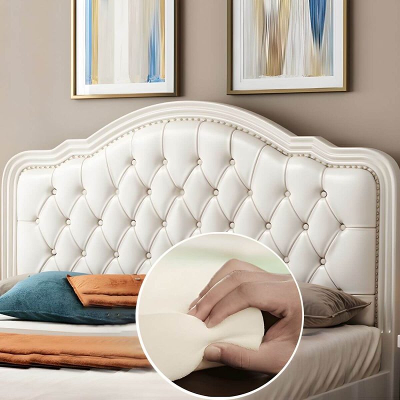 "Light Wood Oak Panel Headboard with Upholstered Leather and Nailhead Trim - Modern Style - 59" Beige/ Gray"